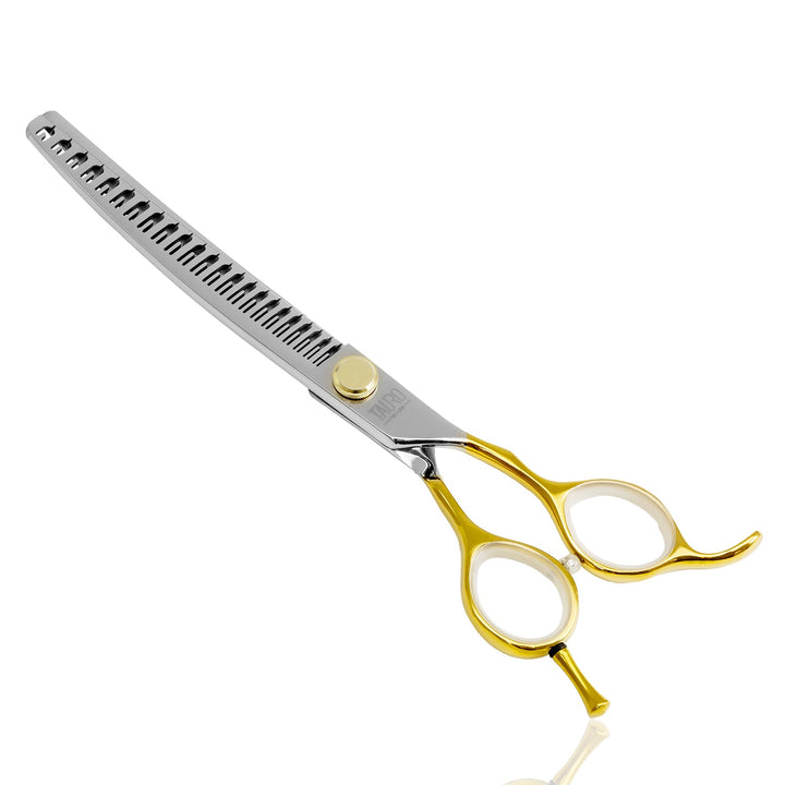 Tauro Pro Line cutting scissors "Perfection by Janita J. Plunge", curved, thinning (chunker), 23 teeth, 440c stainless steel, golden color - SuperiorCare.Pet