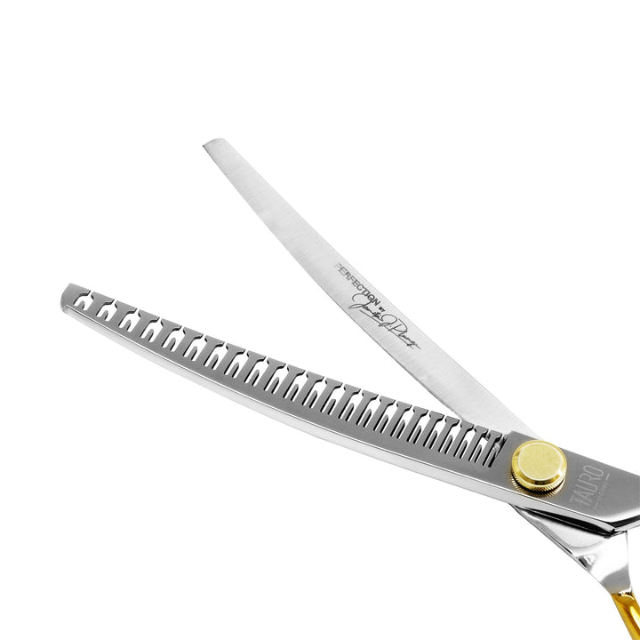 Tauro Pro Line cutting scissors "Perfection by Janita J. Plunge", curved, thinning (chunker), 23 teeth, 440c stainless steel, golden color - SuperiorCare.Pet