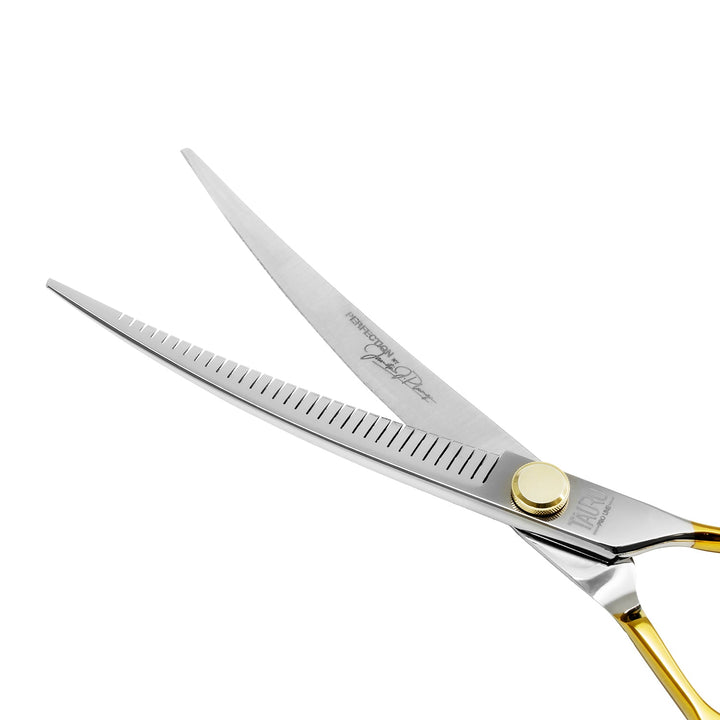 Tauro Pro Line cutting scissors "Perfection by Janita J. Plunge", curved, thinning (chunker), 32 teeth, 440c stainless steel, golden color - SuperiorCare.Pet