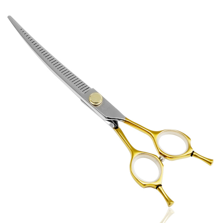 Tauro Pro Line cutting scissors "Perfection by Janita J. Plunge", curved, thinning (chunker), 32 teeth, 440c stainless steel, golden color - SuperiorCare.Pet