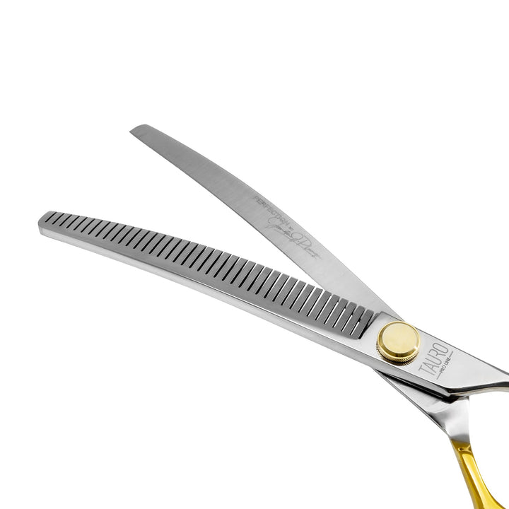 Tauro Pro Line cutting scissors "Perfection by Janita J. Plunge", thinning, 66 teeth, 440c stainless steel, golden color - SuperiorCare.Pet