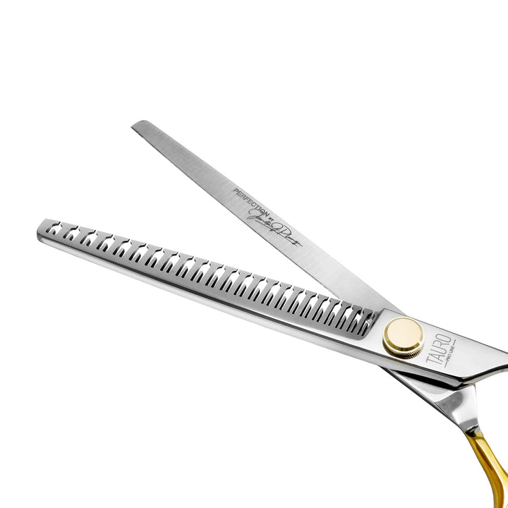 Tauro Pro Line cutting scissors "Perfection by Janita J. Plunge", thinning (chunker), 23 teeth, 440c stainless steel, golden color - SuperiorCare.Pet